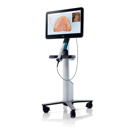 A professional dental intraoral scanner on a mobile cart with a monitor displaying a 3D digital model of teeth.
